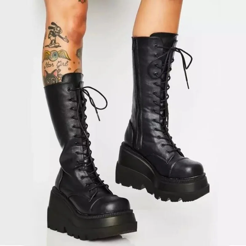 Punk Style jesienne buty zimowe elastyczne buty z mikrofibry kobieta botki wysokie obcasy czarne grube platformy długie buty do kolan