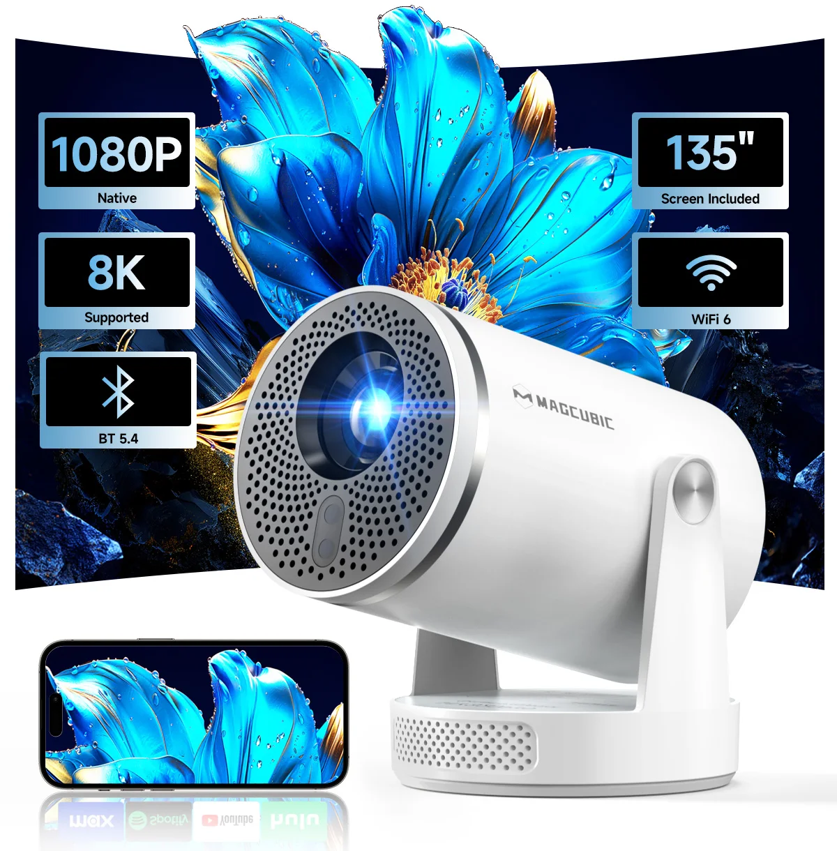 Magcubic HY320Pro Smart Android 14 Projektor, 400ANSI Native 1080P Autofokus, Sprachsteuerung 8K Tragbares Heimkino, HY300 Pro Upgrade