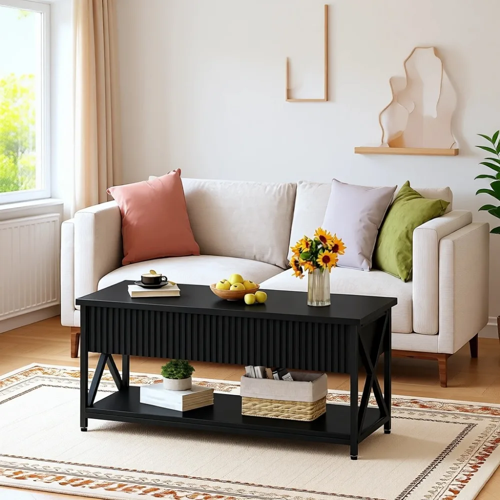 

Журнальный столик с подъемной столешницей, скрытым хранилищем и полкой для гостиной или офиса, черный