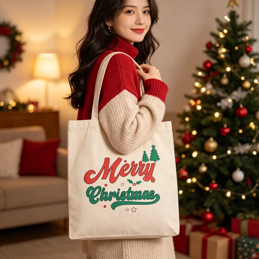 Merry Christmas Canvas Tote Bag Xmas Tree 2D Print Women Casual Shoulder Bag Holiday Reusable Grocery Shopping Tote