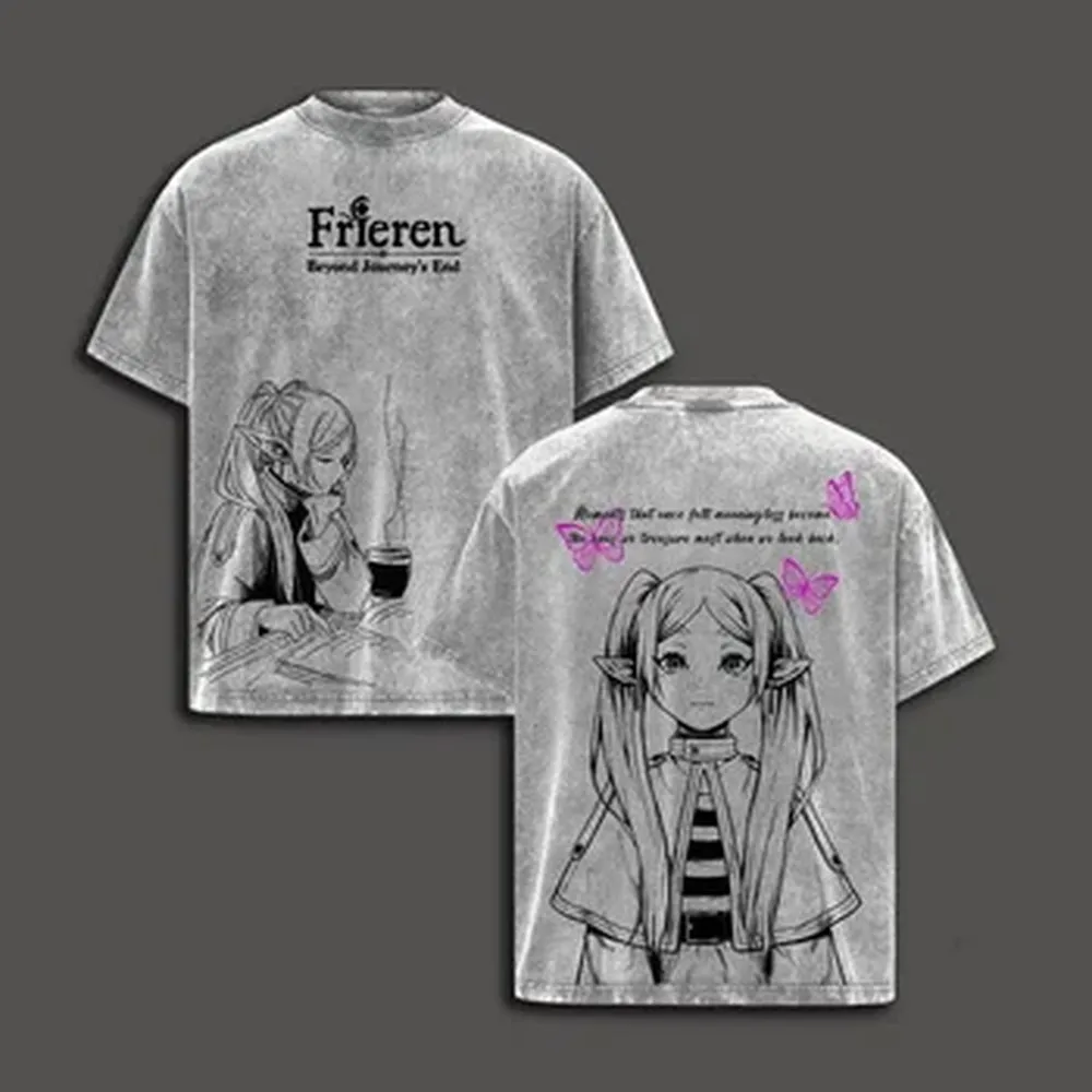 Harajuku Anime Frieren Beyond Journey's End T-shirt Vintage Washed T Shirt Men Women Clothing High Quality Cotton Tees Tops
