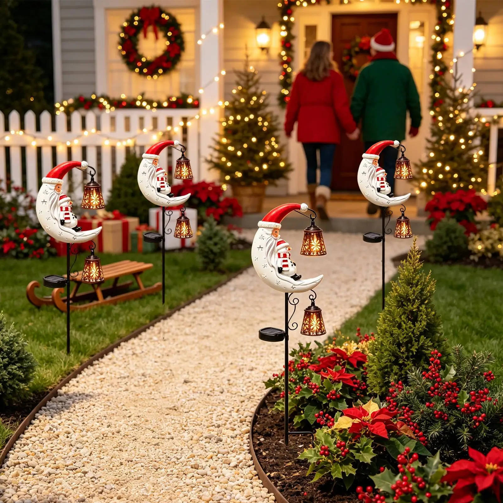 Solar Christmas Lights LED Snowman Santa Moon Yard Lamp Solar Stake Lights For Patio Lawn Path Backyard Garden Walkway Flower