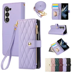 Shoulder Strap Zipper Leather Wallet Card Case For Samsung Galaxy Z Fold 5 Z Fold 4 Z Fold 3 Z Fold 6 Lanyard Phone Bag Cover