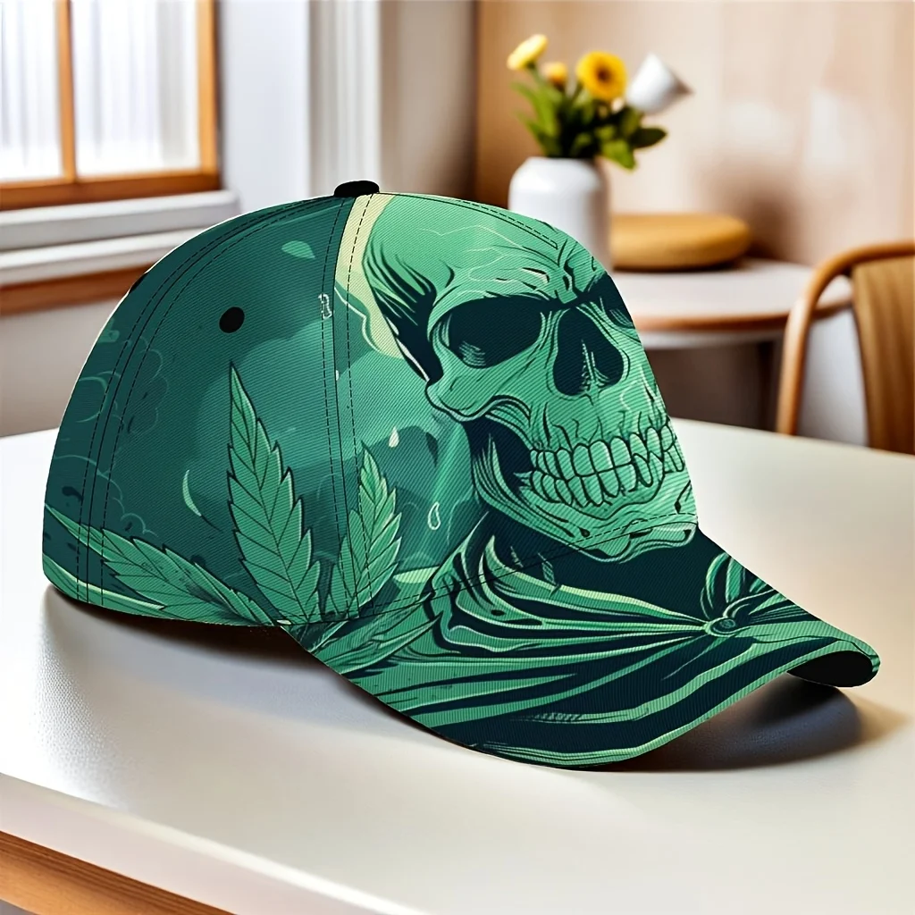 Customization Skull And Hemp Leaf Printed Baseball Cap, Street Trend Pattern Hat, Hip-hop Style Cap, Unisex, Adjustable Size, Su