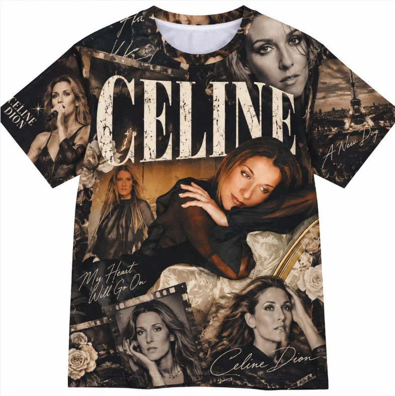 Unisex Vintage Celine Dion Portrait Collage Graphic T-shirt Retro Music Fan Print Casual Short Sleeve Tee Streetwear Tops