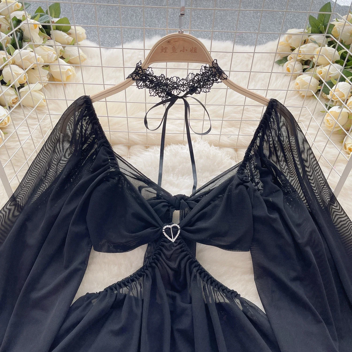 透かし彫りメッシュセクシードレス レディース シースルーAライン水着+Tバック 2025 シアー エロティック ポルノ官能的ミニナイトドレス