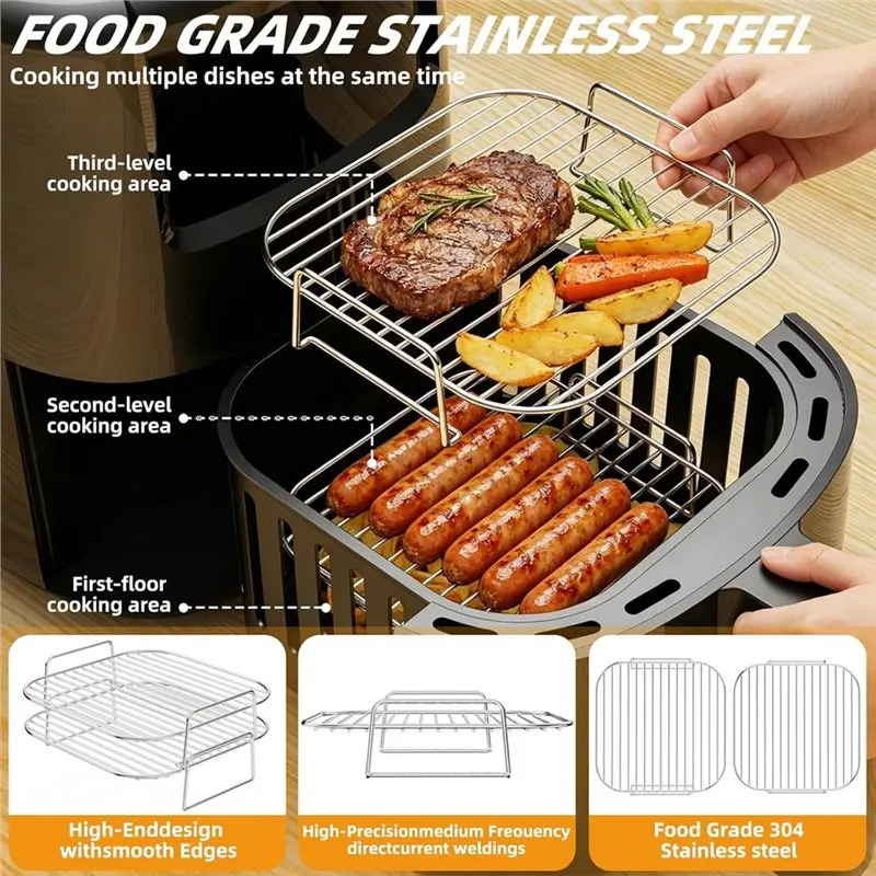 ALIM-For 5-8Qt Ninja/Cosori/Instant Pot Compatible 2PCS Stainless Steel Air Fryer Rack Square 8