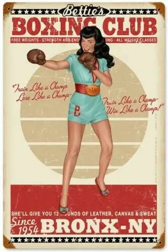 Kalynvi Vintage Style Metal Tin Sign 8x12inch Bettie Page Pin Up Girl Boxing Club Bronx Wall Decoration Poster Home Bar Res sign