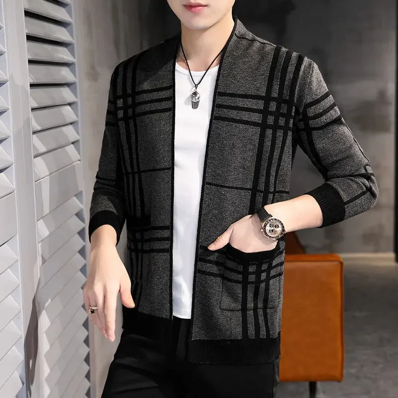 Cárdigan a rayas para hombre, abrigo de lana juvenil, cárdigan de invierno de talla grande, suéter de punto superior de moda coreana, primavera y