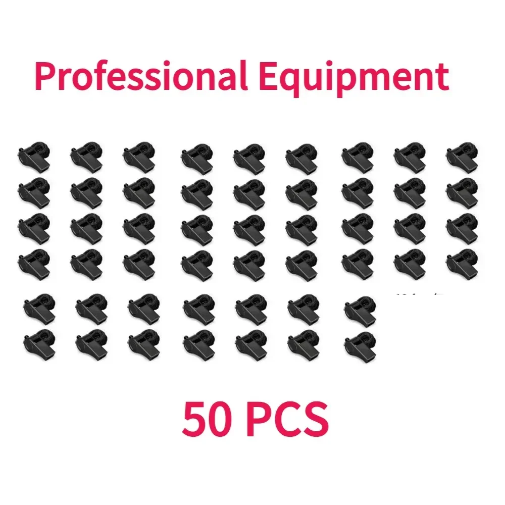 

50 шт., высококачественный черный свисток для рефери, игровой свисток с лямкой на шее, уличный туристический свисток, подходит для баскетбола, оптовая продажа