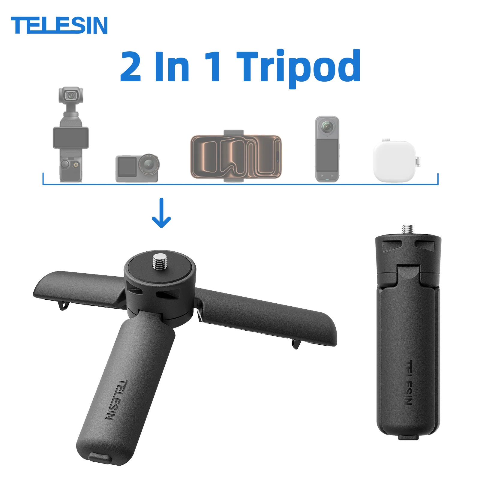 

TELESIN 2 In 1 Mini Tripod for DJI Pocket 3 GoPro Action Camera Insta360 DJI Osmo Mobile Phone Stabilizer Gimbal Desktop Tripod