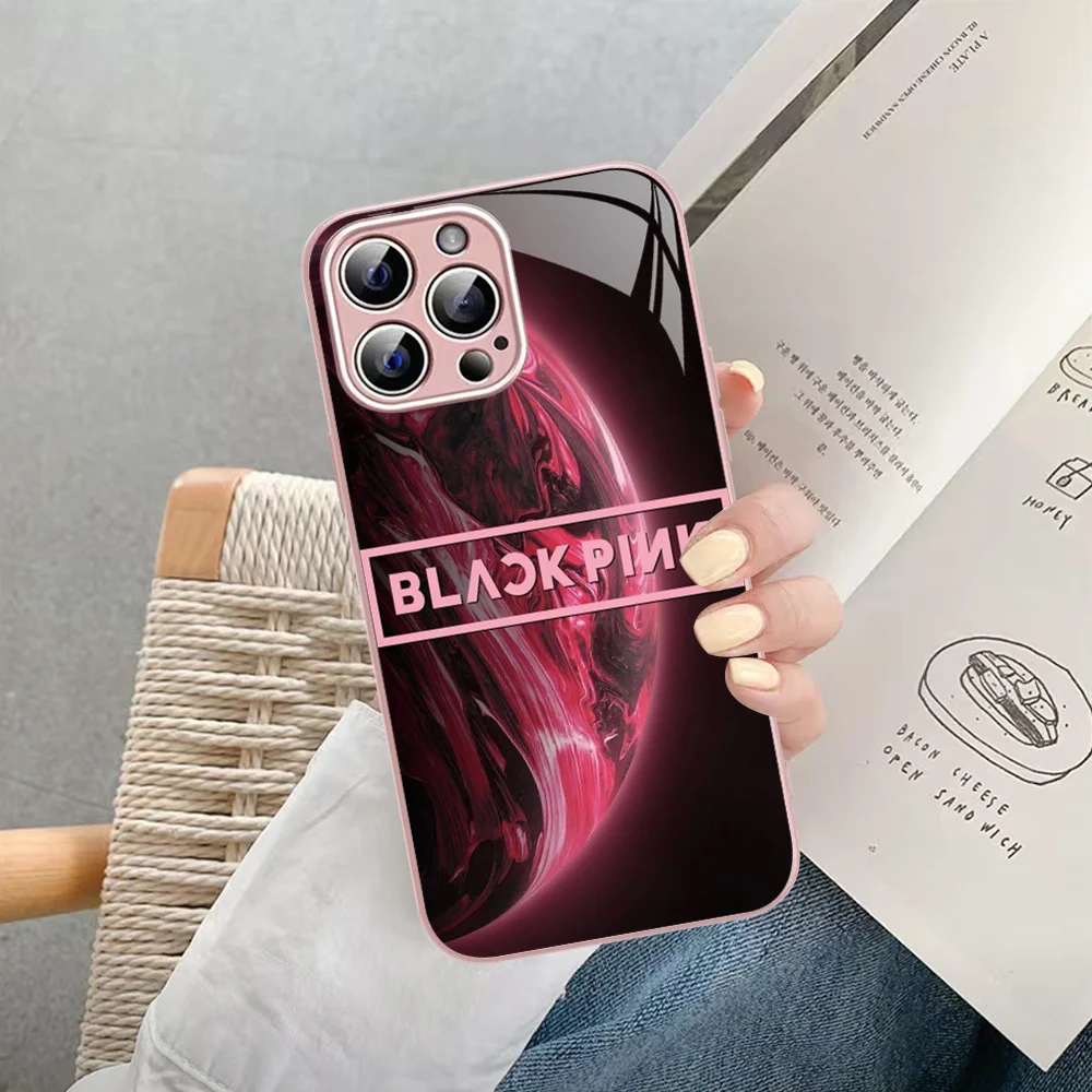 Kpop-B-Black Fashion P-Pinks Phone Case Tempered Glass For Iphone 14 13 12 11 Pro Mini XS MAX 14Plus X XS XR Cover