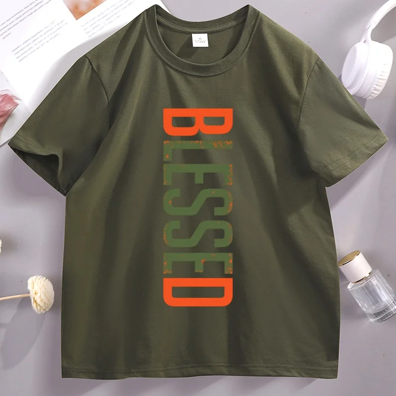 Blessed T-Shirt Christian Faith Tee Religious Soft Comfortable Cotton Short Sleeve Tshirt Streetwear Loose Round Neck Clothes