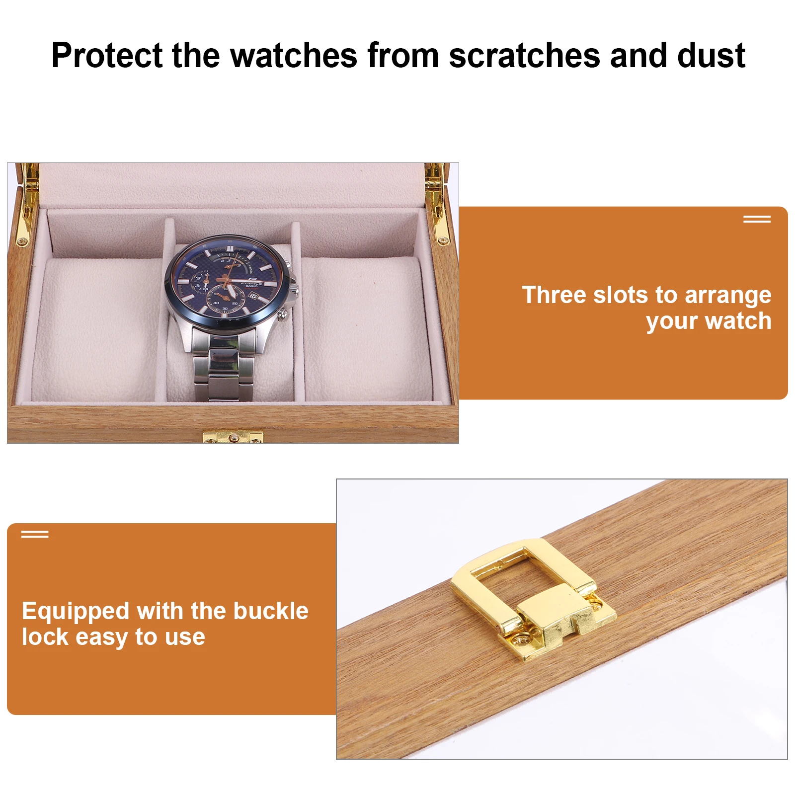 Wooden Watch Box 3 Slots Display Case Vintage Storage ganizer Packing Glass Window Buckle Lock High Quality Gift Men Watch
