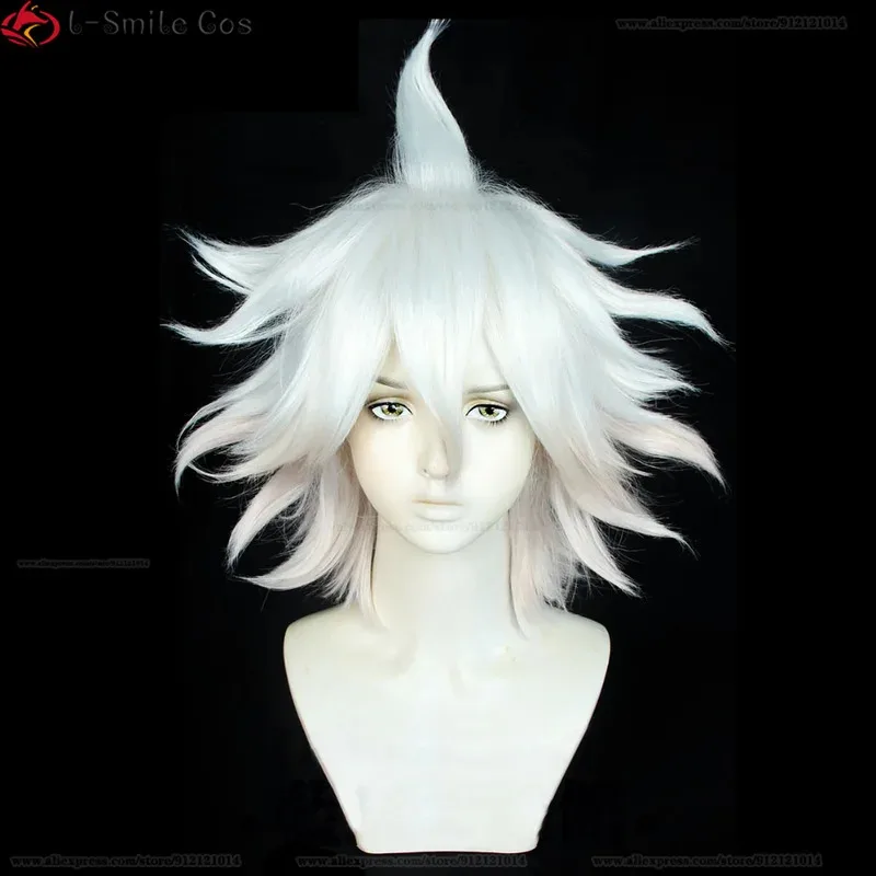 Peluca de Cosplay de Anime Danganronpa 2 Nagito Komaeda, pelucas de pelo sintético resistentes al calor con degradado blanco y rosa + gorro de peluca