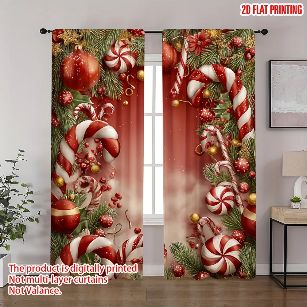 2pcs Candy Cane Print Semi-Sheer Curtains, Red White with Golden Dots Pine Branches Design,for Living Room Bedroom Winter Decor