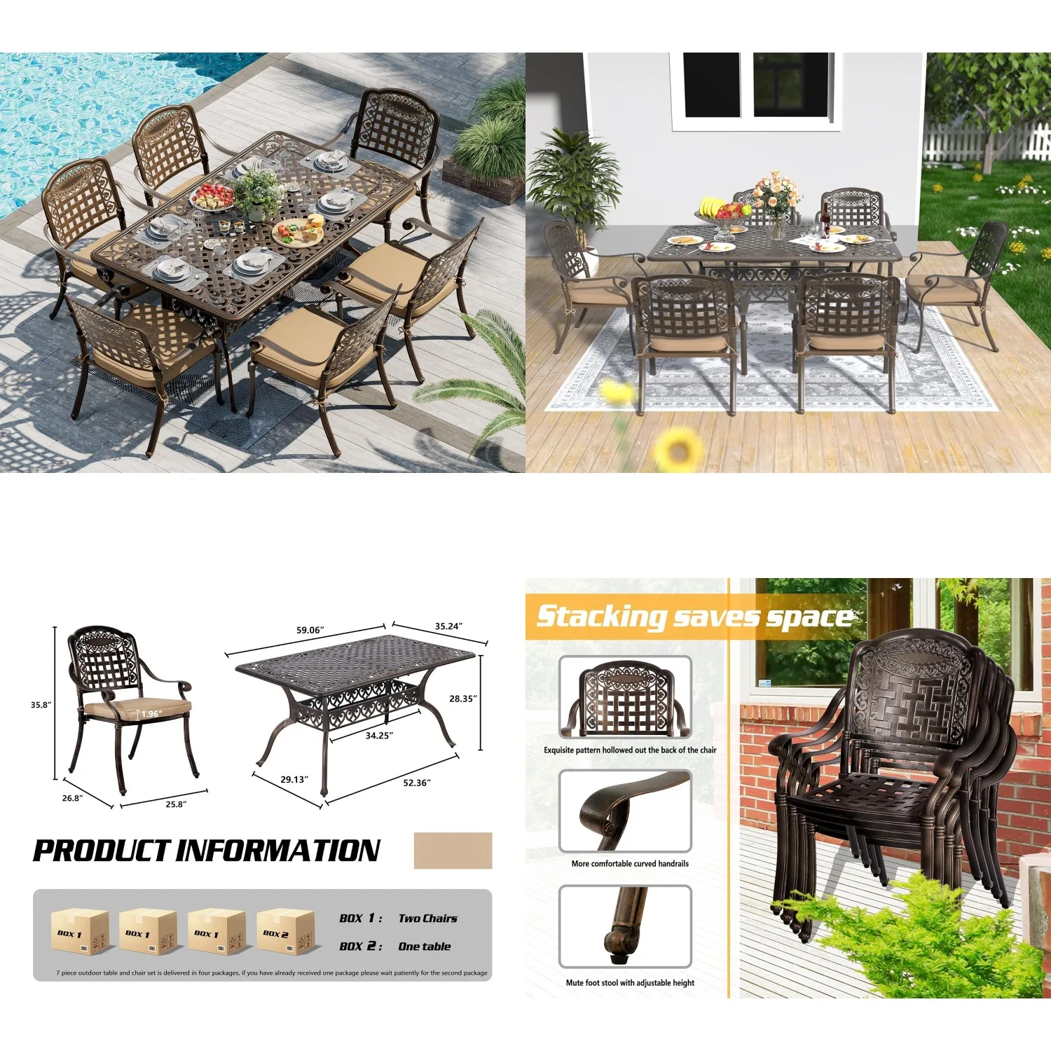 

7pc Cast Aluminum Patio Dining Set w/ Cushions,Outdoor Furniture for Backyard Porch Pool,Customized