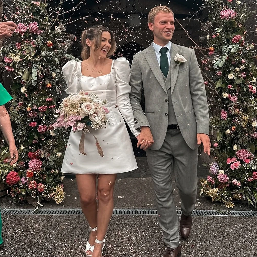 

Bowith Boho Short Wedding Dresses Square Collar Long Sleeves Mini Wedding Party Dresses vestidos de novia Customized