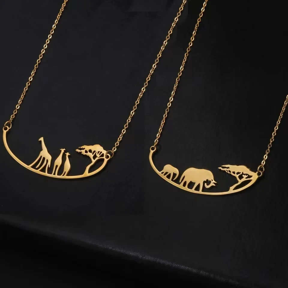 JDZQJ Tree Wildlife Elephant Giraffe Necklace Women Stainless Steel Neck Chain Necklaces Fashion Migrating Animal Jewelry Gifts