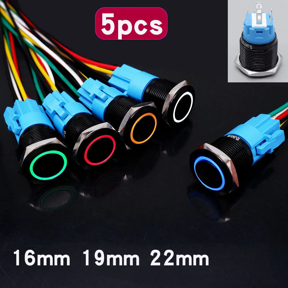 

5pcs 16mm 19mm 22mm Metal Push Button Switch 12v PC Power Supply Switches Car Engine Start Stop Backlit LED with Wire 5v 6v 220v