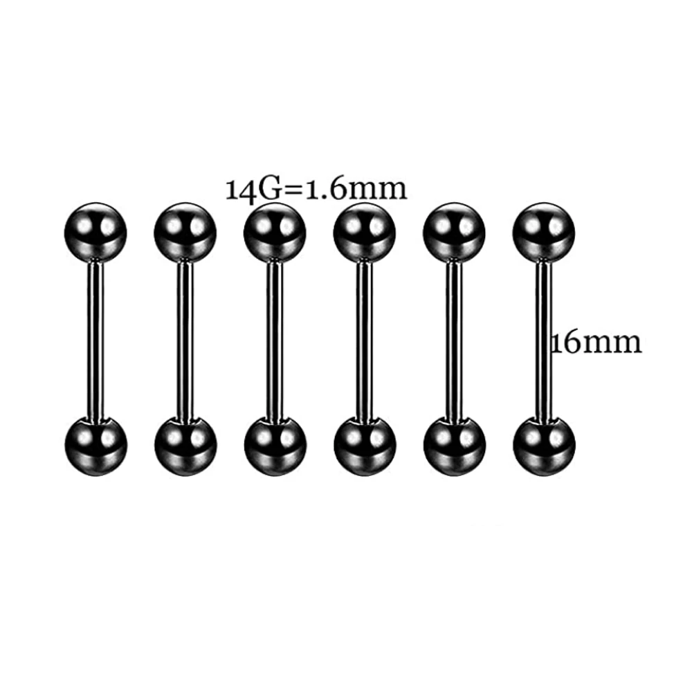 6 PCS Professional Piercing Kit Stainless Steel 14G 16G Belly Tongue Tragus Nipple Lip Nose Ring Body Jewelry Black