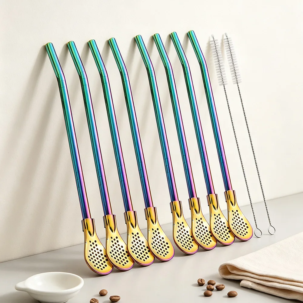 10Pcs/Set Rainbow Stainless Steel Drinking Straws Washable Reusable Yerba Mate Spoon Filter Straw for Cocktail Bar Accessories
