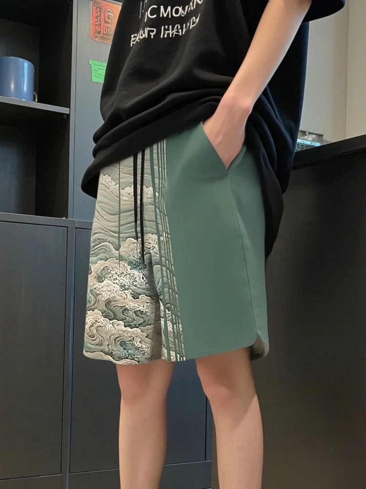 

Men's Waves Striped Print Pocket Casual Vacation Beach Shorts Vintage Elastic Waist Drawstring Short Pants Holiday Sports Bottom