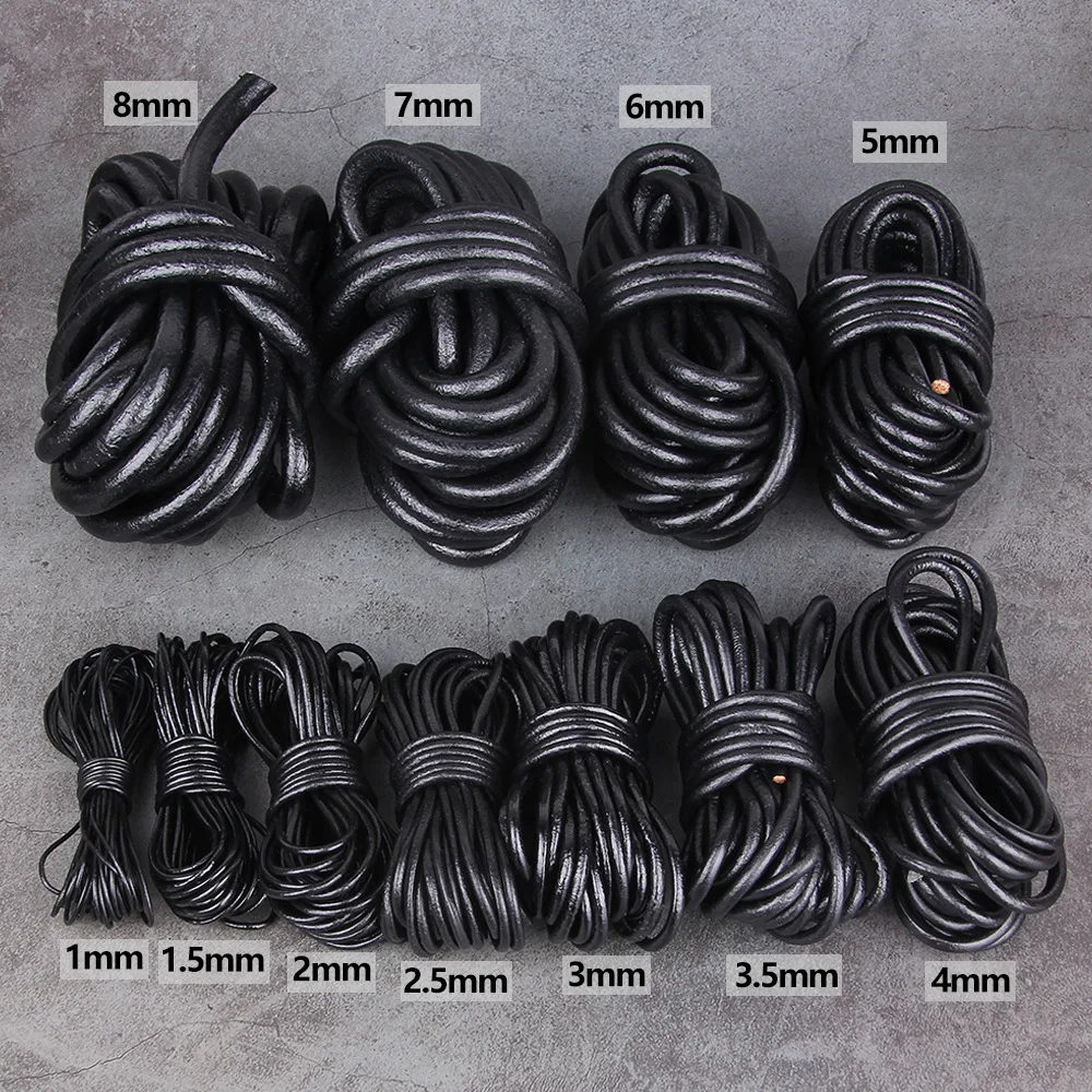 2M Schwarzes Echtes Rundes Lederband aus Rindsleder für DIY-Halsketten, Armbänder und Schmuckherstellung – Detail 1