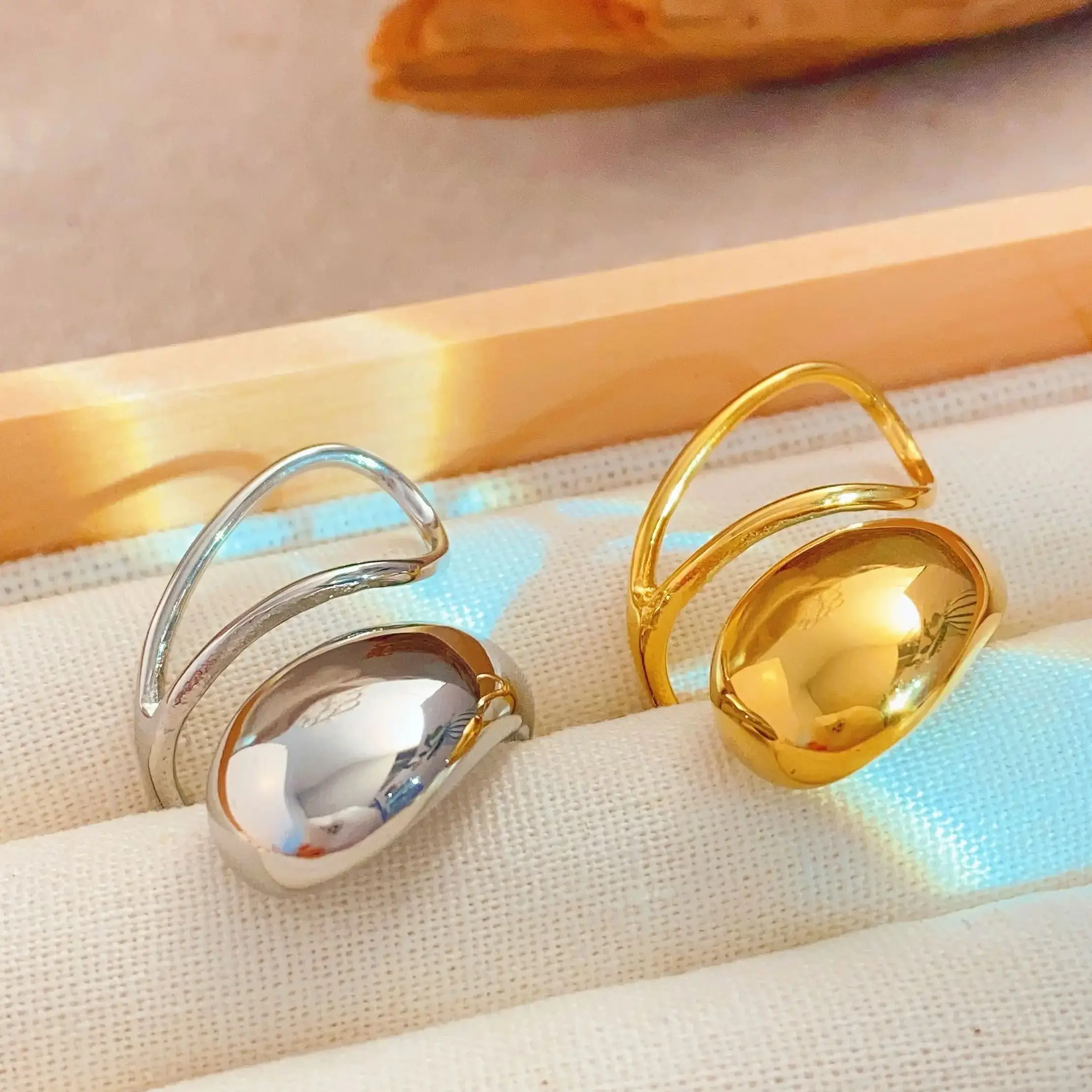 مجوهرات CARLIDANA قطرة الماء من الفولاذ المقاوم للصدأ حلقة مفتوحة مطلية بالذهب عيار 14 قيراط للنساء خاتم مبالغ فيه شخصي بالجملة