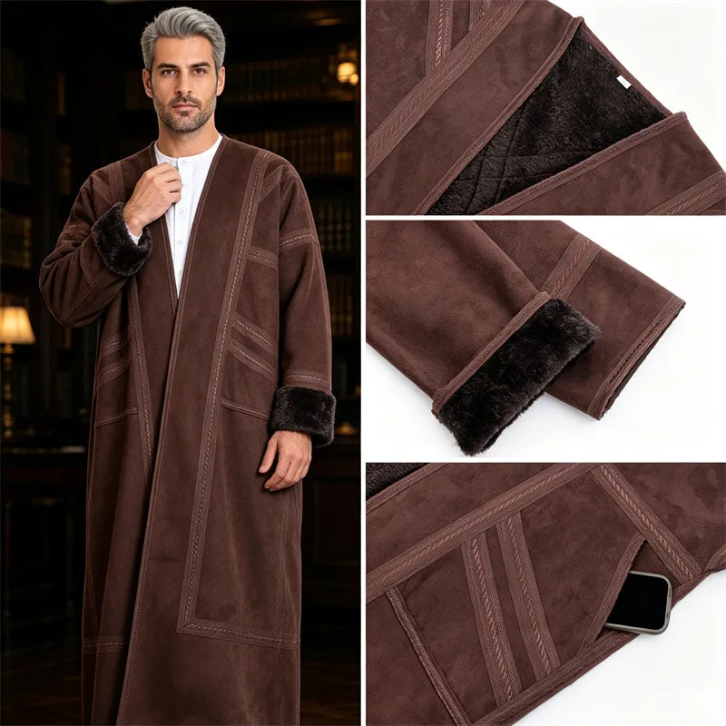 Muslim Men Warm Fleece Suede Open Abaya Jubba Thobe Winter Long Robe Cardigan Outerwear Pockets Coat Kimono Dishdasha Islam Gown