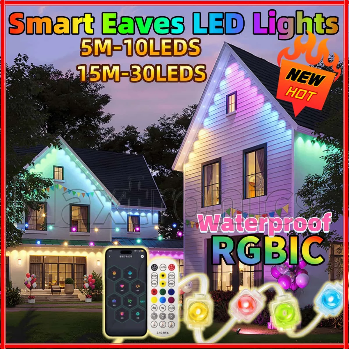 5-15M Outdoor Smart Eaves LED Lights with Remote Waterproof DIY Scene Christmas Birthday Holiday Party Lighting RGB String Light