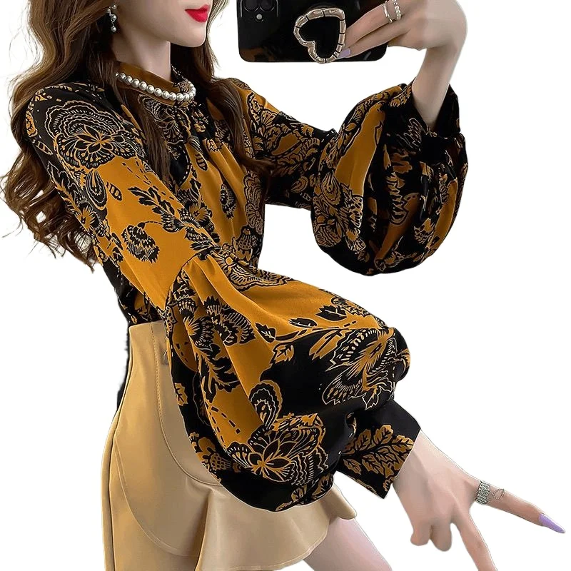 

2026 Lace Print New Floral Shirt Loose and Thin Top Unique Temperament Loose Lantern Fashion Shirt Spring and Autumn Commuting