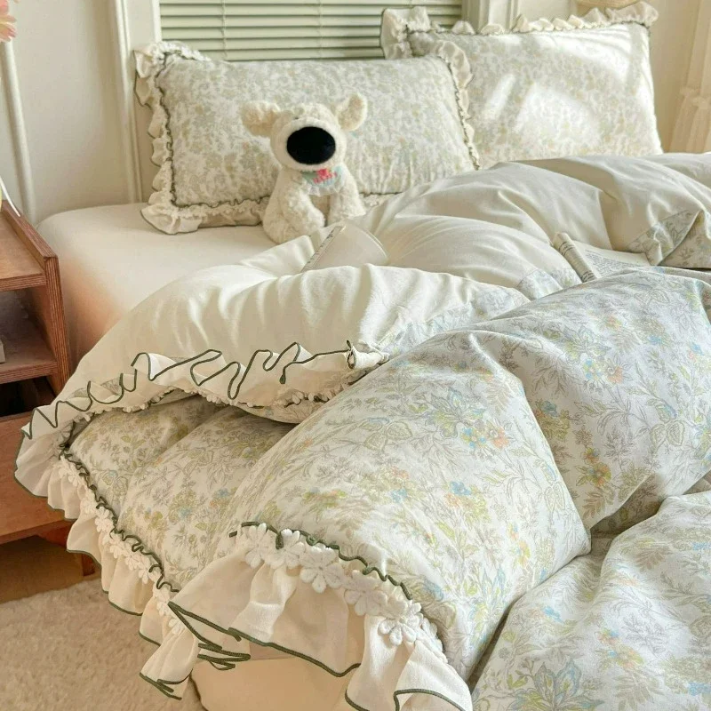 Bedroom Full Cotton A-class 4-piece with Pure Cotton Bedsheet, Small Fresh and Active Printed Duvet Cover Pillowcase Bedding