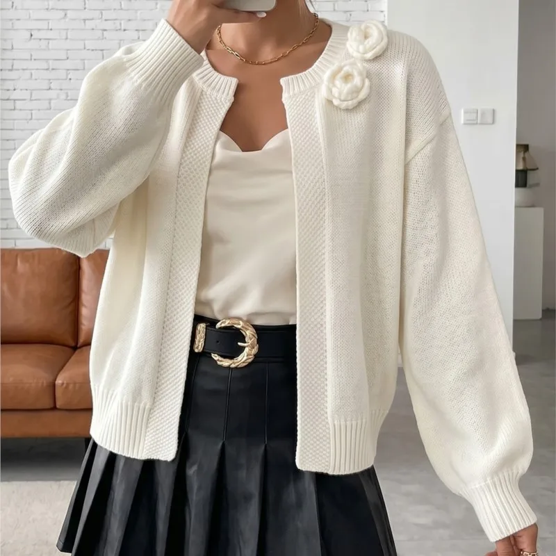 2026 New Autumn And Winter Women Cardigan Solid Color Chest Three-dimensional Flower Fashionable And Comfortable Unique Cardigan