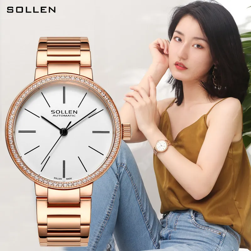 SOLLEN Brand High-end Fashion Mechanical Watch Women Waterproof Luxury Rose Gold Stainless Steel Strap Automatic Watches Womens