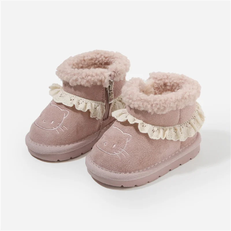 

Winter Baby Shoes Cute Lace Leather Warm Plush Princess Kids Shoes Fashion Toddler Girls Boots EU 16-25