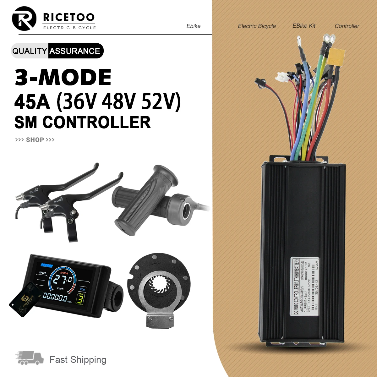 

45A E-Bike squarewave controller 36V48V52V UART2 communication protocol 1500W/2000W Brushless motor controller S900 LCD Display