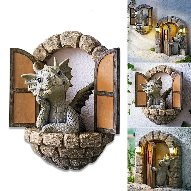 

Cute dragon statue, resin mural artwork, home garden balcony dinosaur decorative pendant window grille statue ornament.