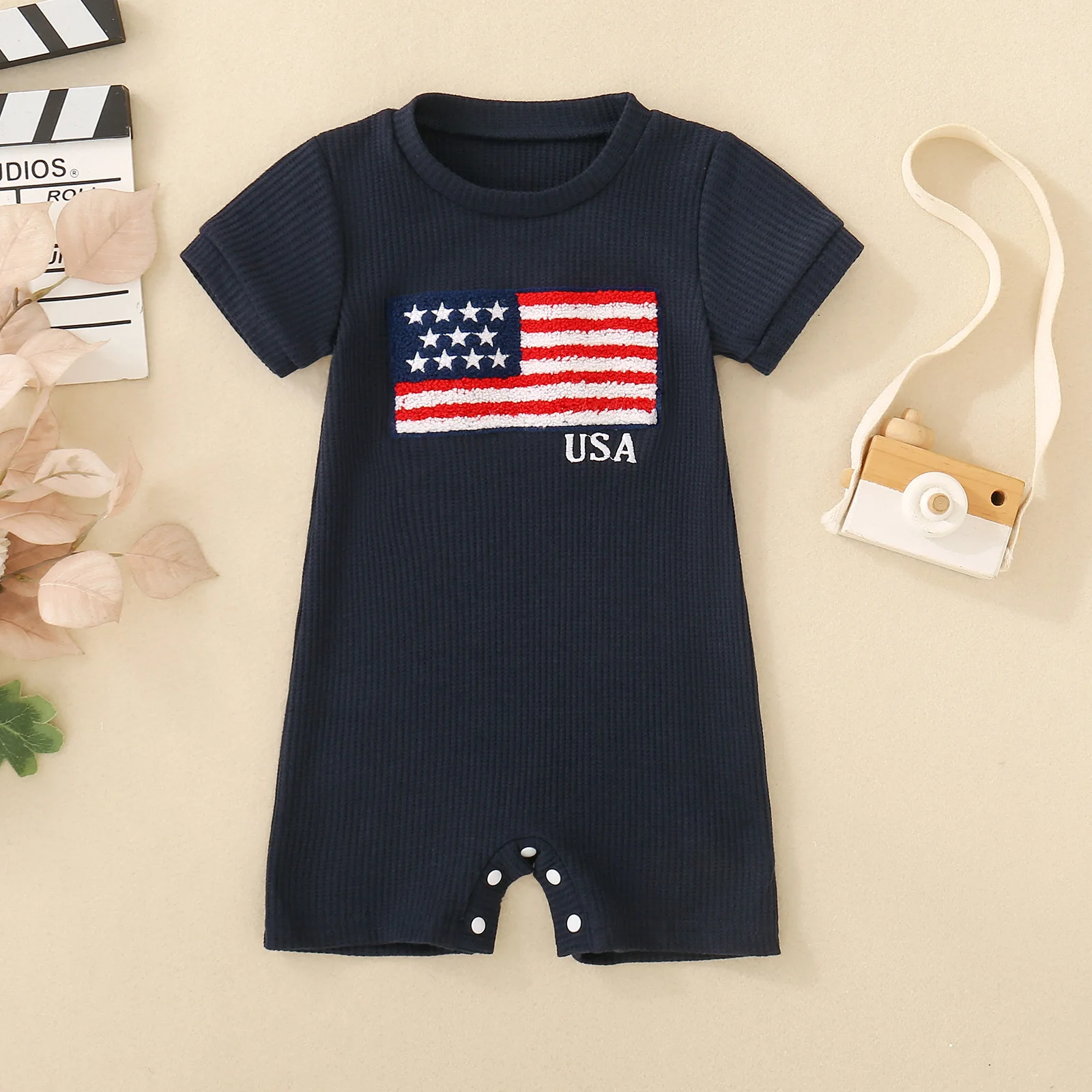 Summer Neutral Infant Black Short Sleeve Big Flag Embroidery One-piece Short Climb Independence Day