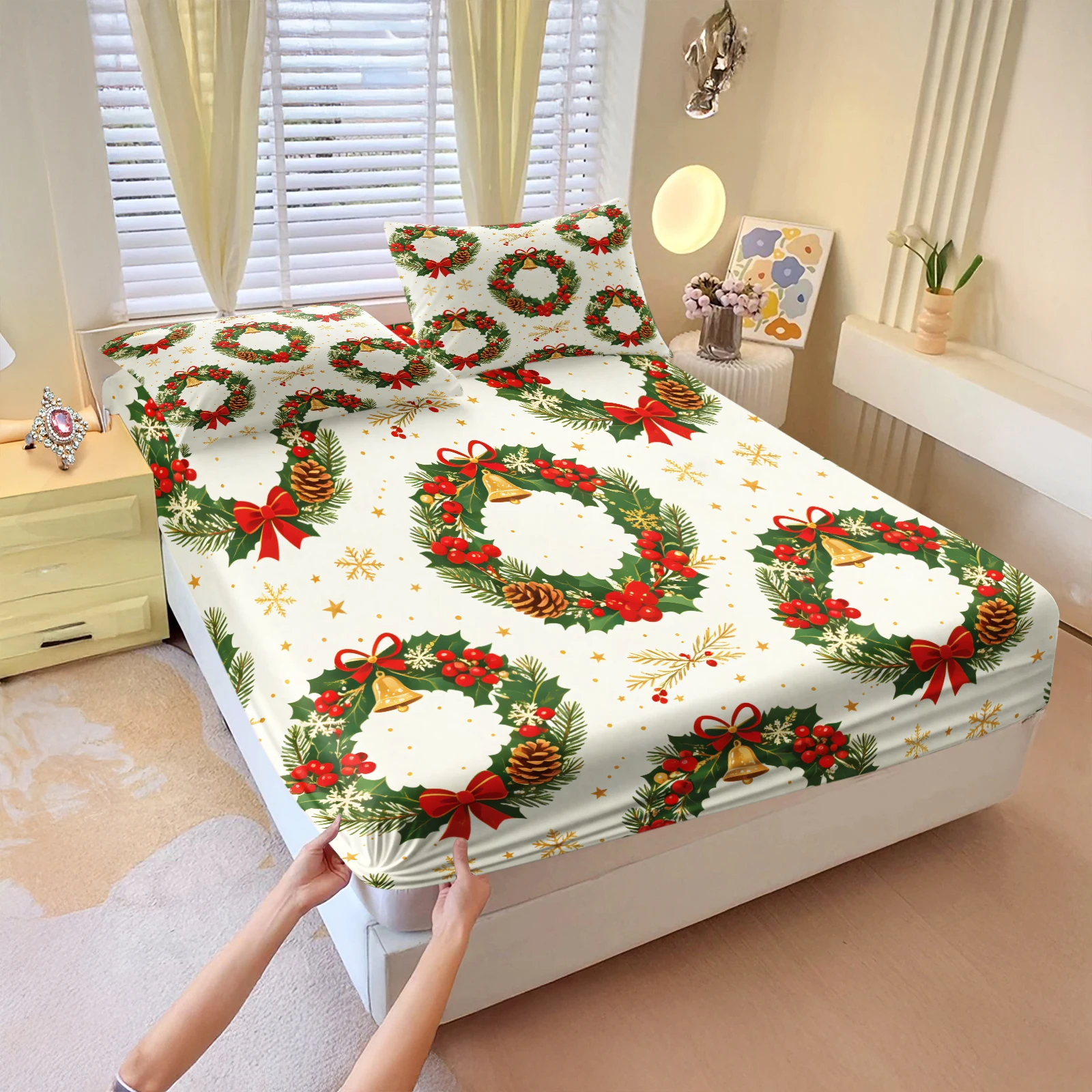 Christmas Wreath Fitted Sheet Set Xmas Garland Bell Pine Cone Print Elastic Mattress Cover With Pillowcases Holiday Bedding Set