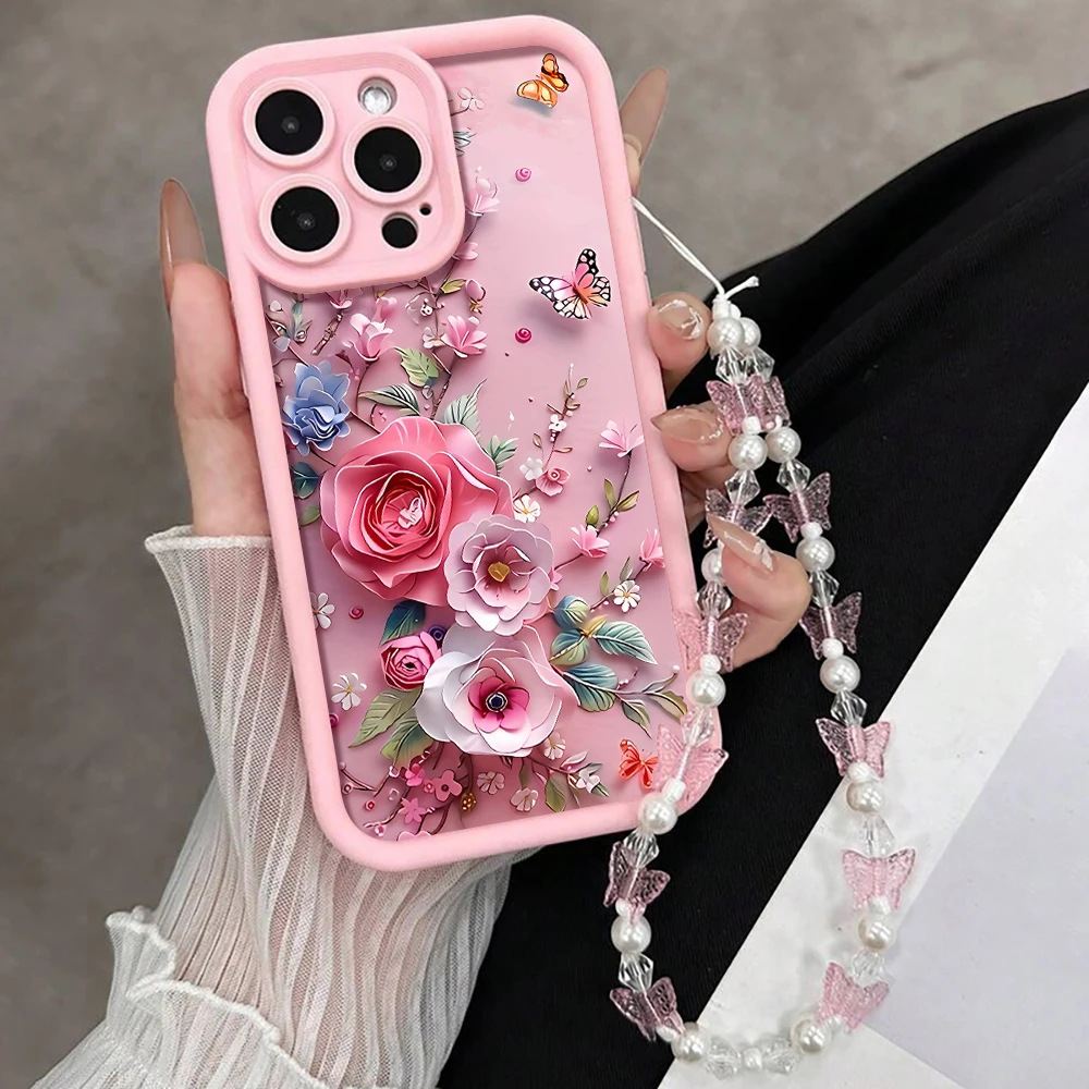 Luxury Strap Coquet Flowers Pattern Case For iPhone 17 15 16 14 Pro Max Plus Cases For iPhone 11 12  13 XR 7 With Lanyard Cover view 5