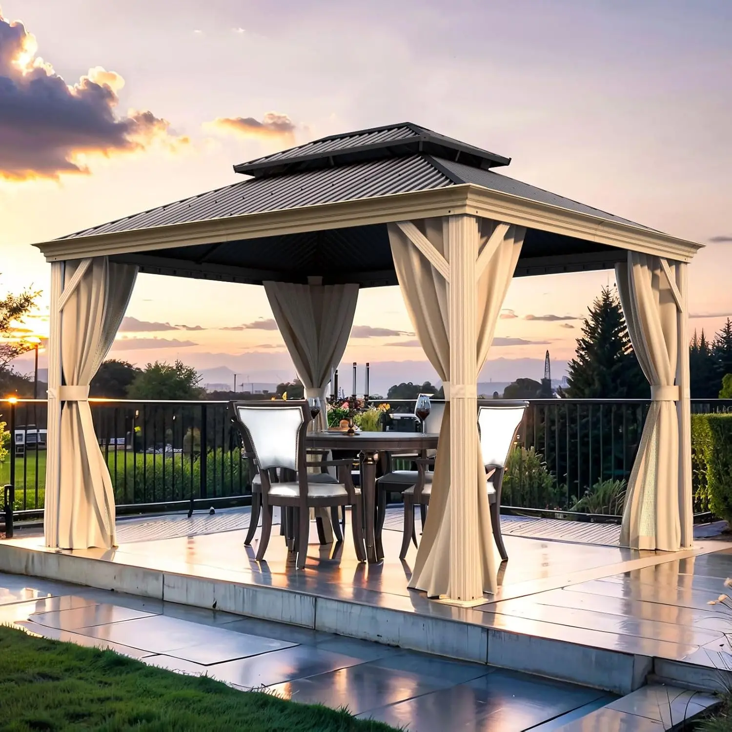 10' X 12' Outdoor Hardtop Gazebo Wooden Finish Coated Aluminum Frame Gazebo with Galvanized Steel Double Roof Permanent