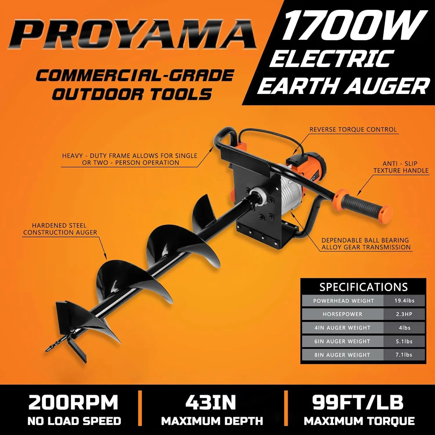 Proyama Electric Post Hole Digger, 1700W Corded Earth Auger With 4