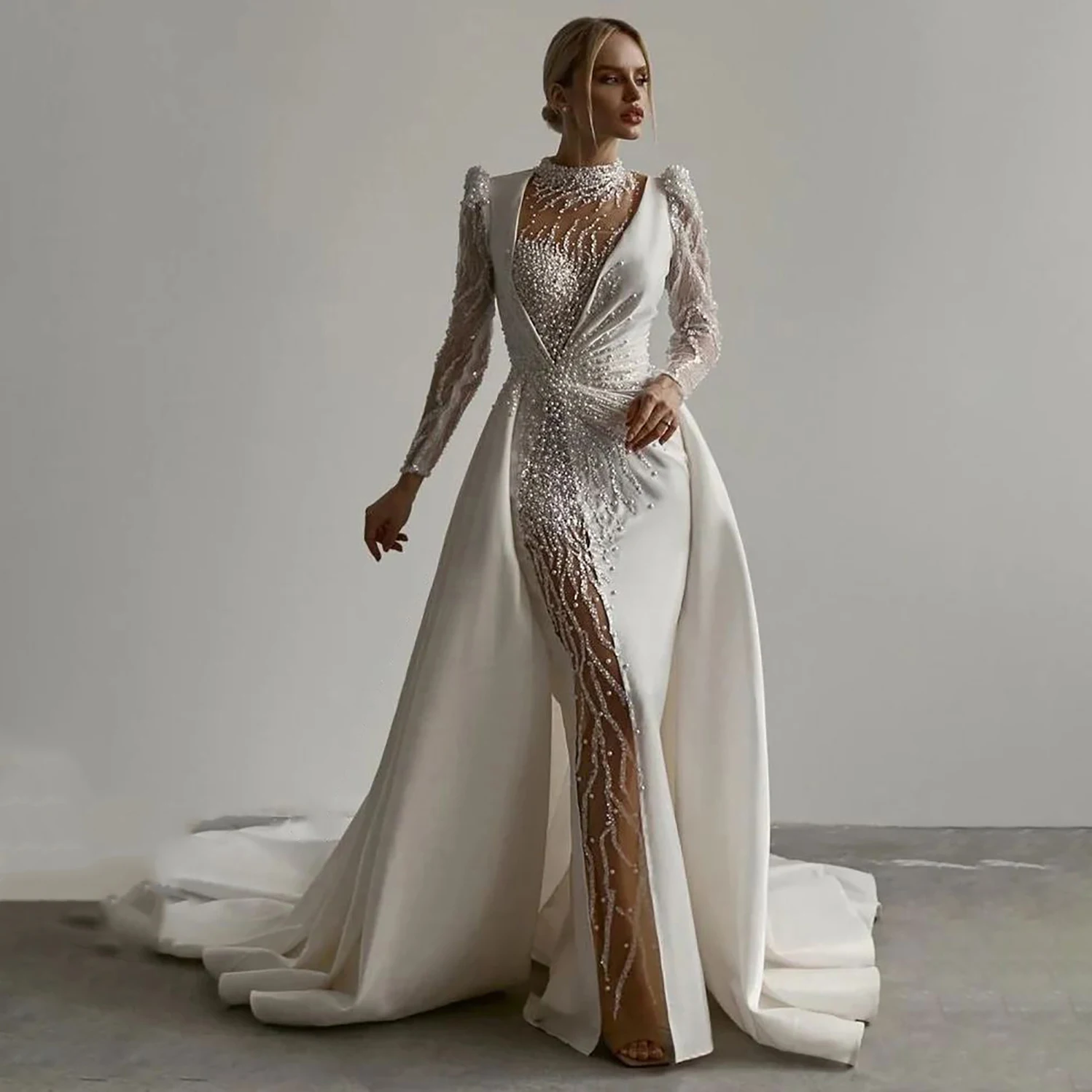 

Великолепное свадебное платье русалки с жемчугом и блестками, свадебные платья с высоким воротом и верхней юбкой, платья невесты на заказ, Vestido De Novia