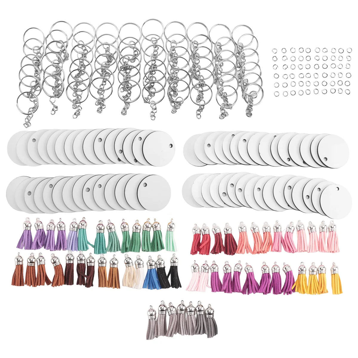 

A32P_240 Pieces Sublimation Blanks Keychain Set Round Key Rings Sublimation Ornament Blanks Heat Transfer Keychain Tassels