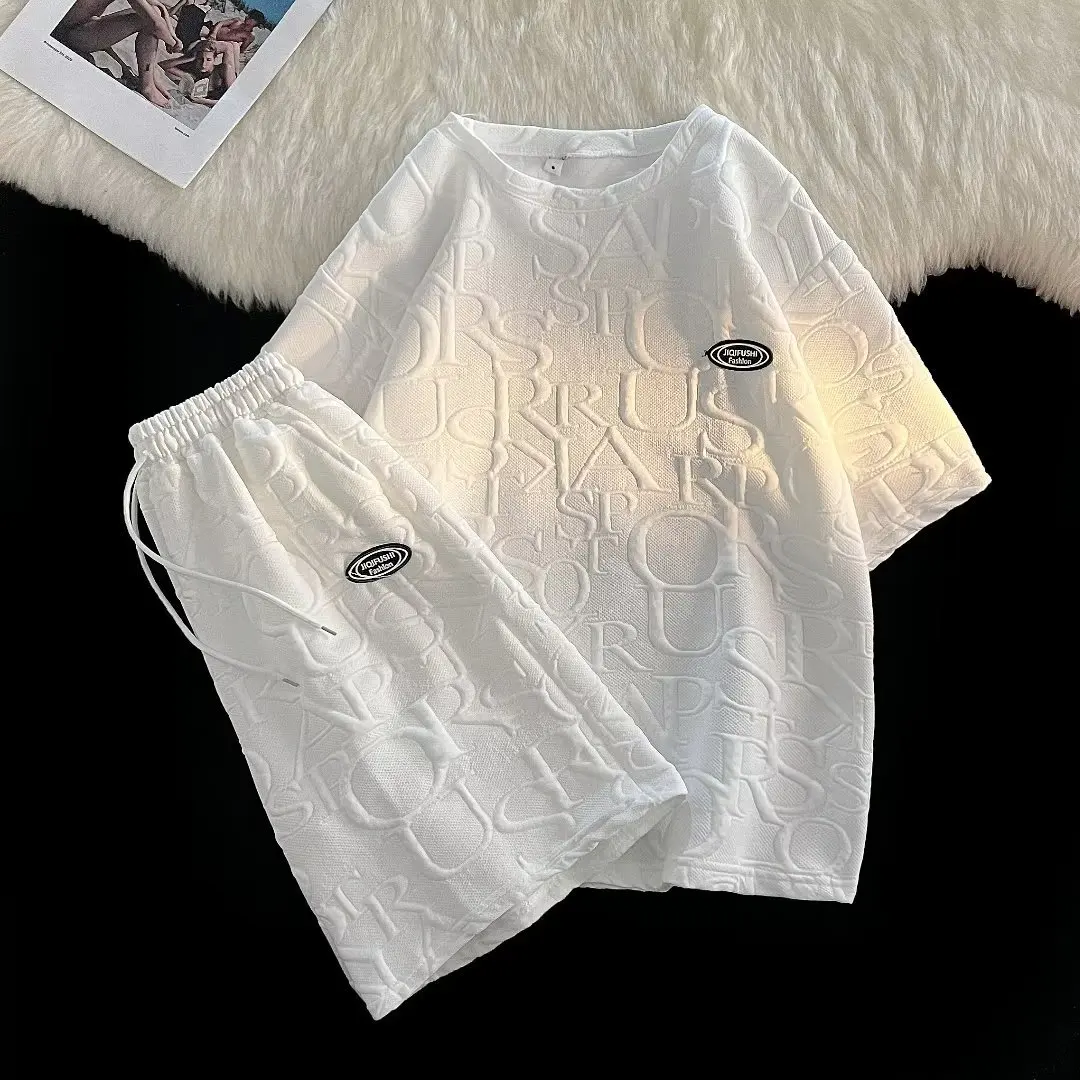 

Summer Men's Waffle Sets Casual T-Shirts And Shorts Set Male Sports Suit Solid Color Tracksuit Loose Suits Oversized Size M-5XL