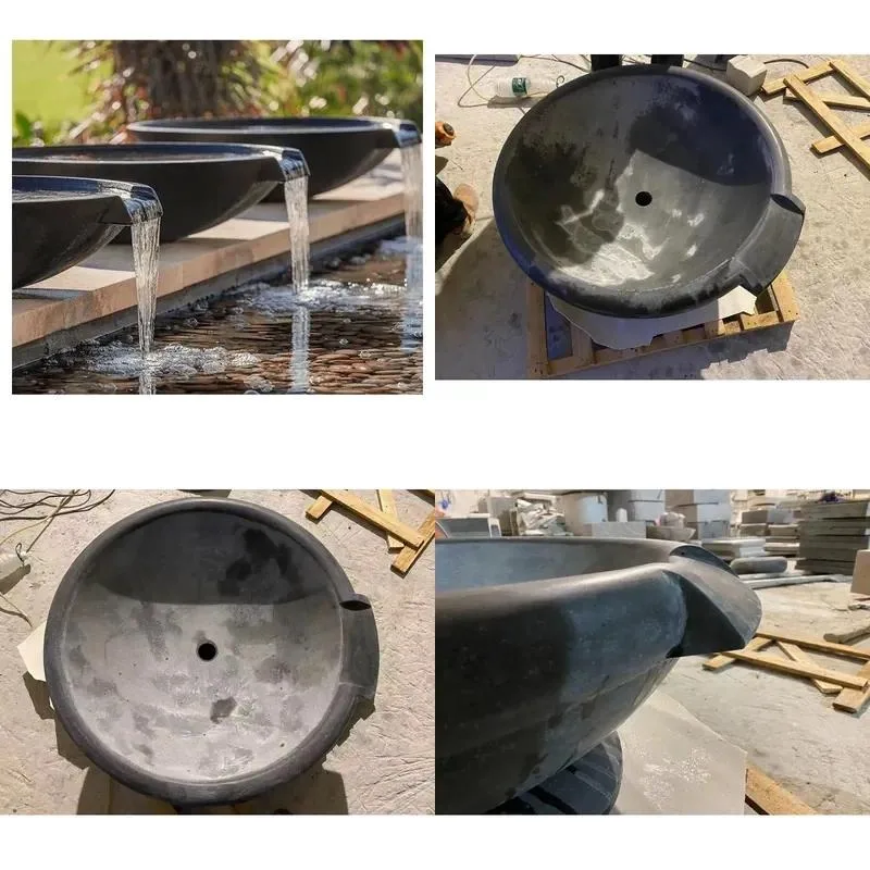 Natural Matte Black Gray Granite Basalt Fountain Carving Water Bowl for Swimming Pool Landscape Project