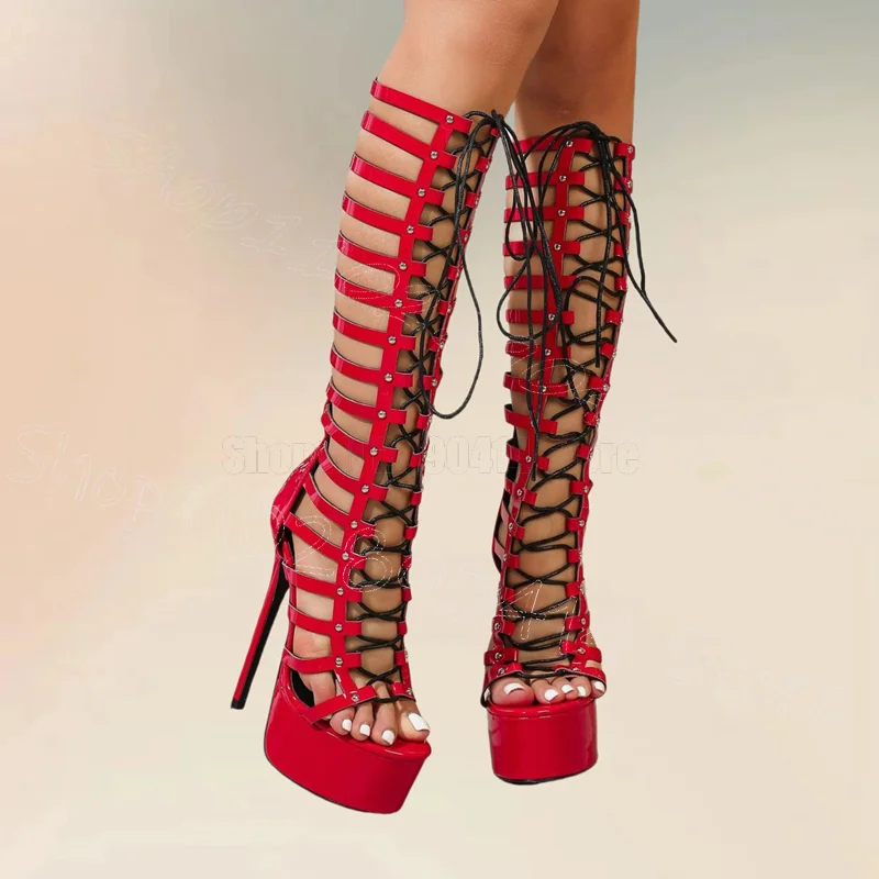 

Red Hollow Design Strappy Platform Sandals Boots Back Zipper Women Shoes Thin High Heels Party Dating 2025 Zapatos Para Mujere