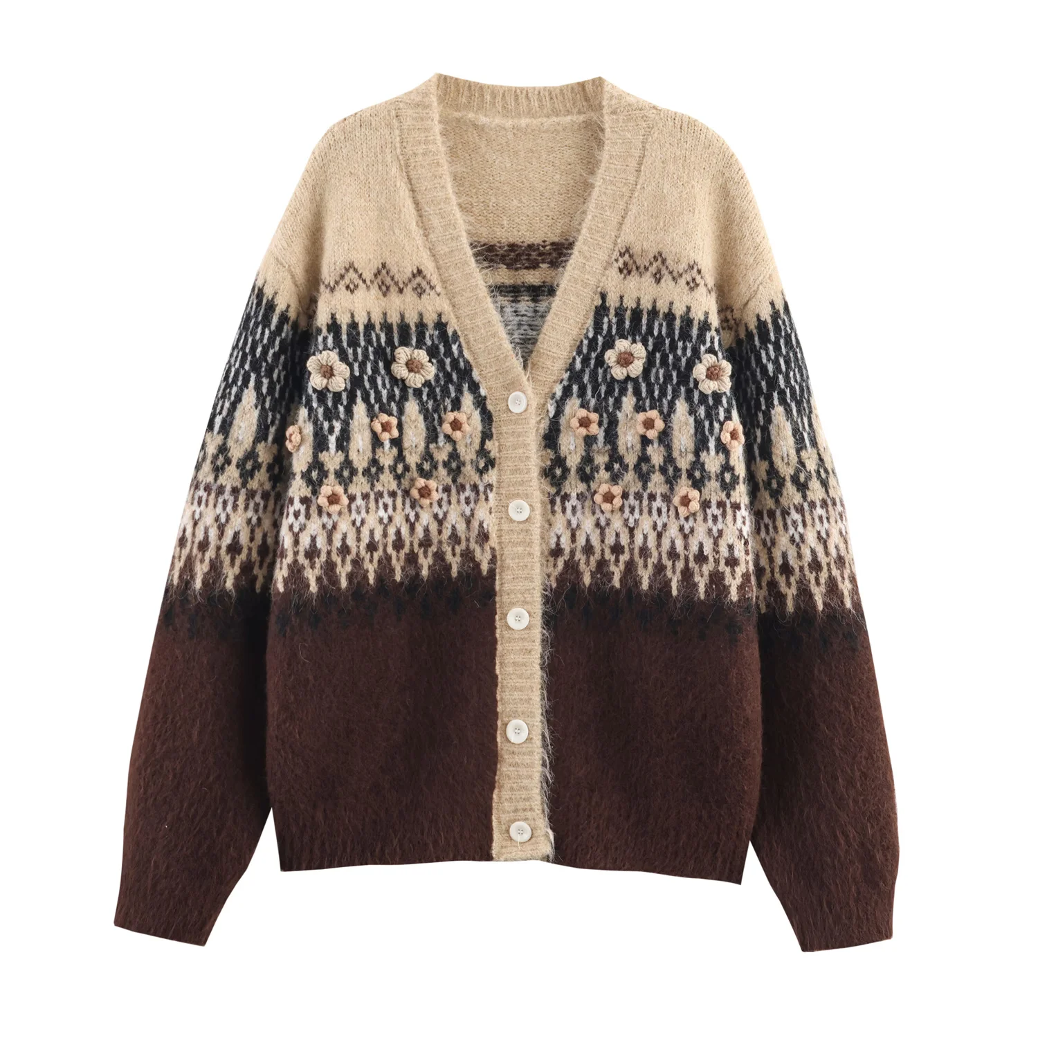 2025 Vintage Winter Vrouwen Geometrische Plaid 3D Bloem Volledige Mouw Slouchy Gebreid Vest V-hals Losse Totem Trui Groen Kaki