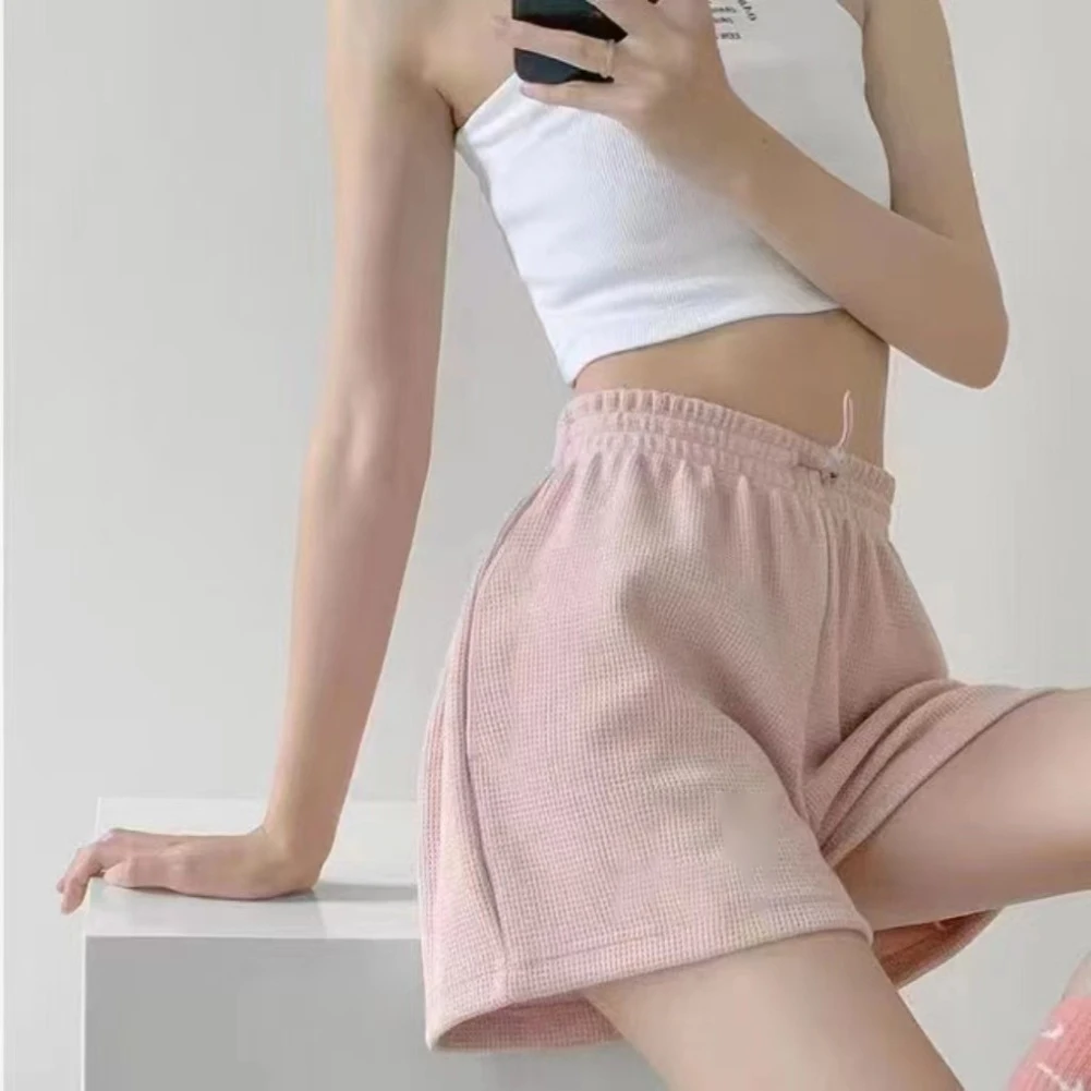 Yoga and casual cotton waffle sports shorts for women loose fit with elastic adjustable waistband and practical side pockets